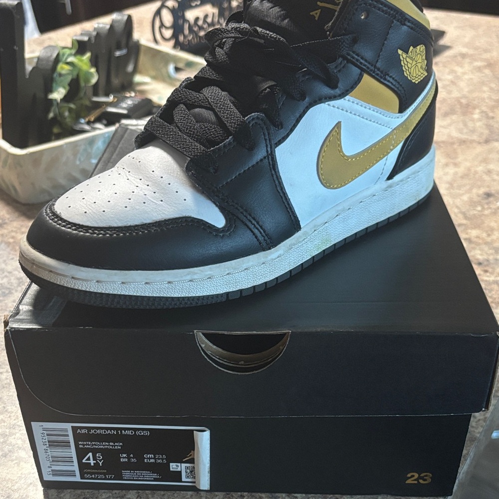 Jordan 1 Mid Black White and Yellow Sneakers